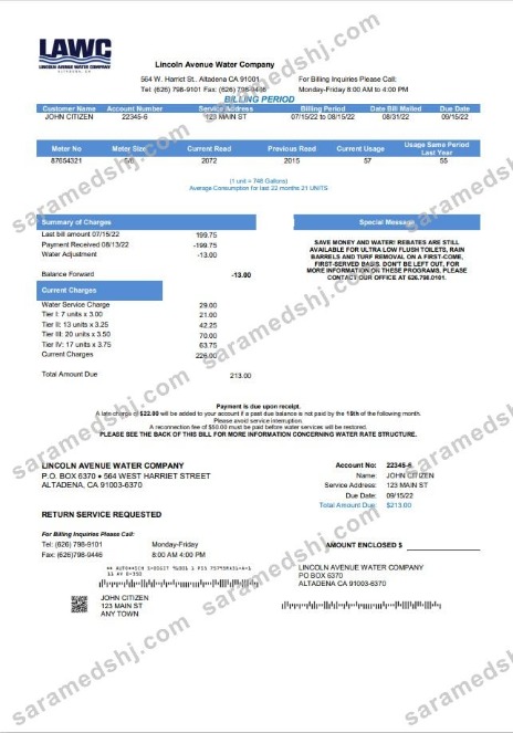 USA California Lincoln Avenue Water Company utility bill template in Word and PDF format